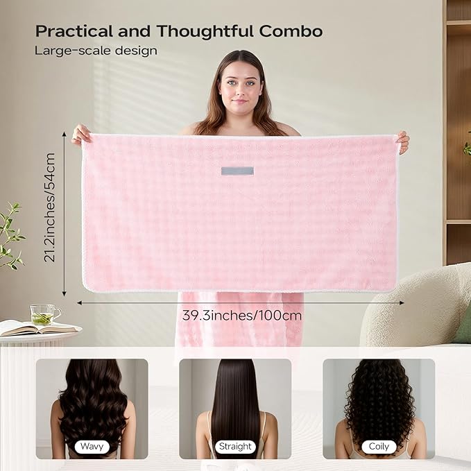 REDKISS Pink Towel Wrap for Women, XL Spa Shower Wrap with Hair Towel, Super Absorbent Bath Towels Robe for Body, Adjustable Microfiber Plush Bathrobe for Girls, Warmth Velcro Plus Size Wraps Towels