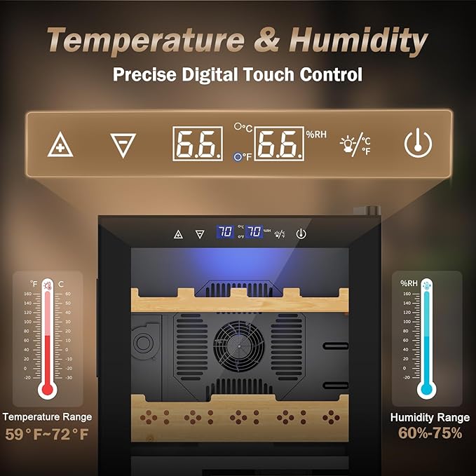 Electric Humidor-50L Cooling & Heating Humidor, Smart Touch Control Humidity & Temp Humidors wtih Spanish Cedar Wood Tray, Digital Display, Safety Lock, Desktop Gift for Men