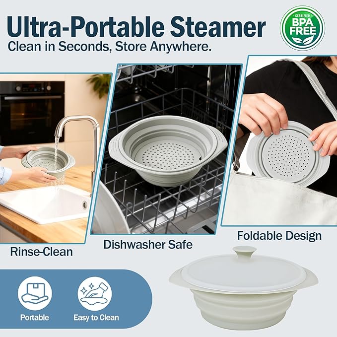 44oz Gray Silicone Steamer Microwave, Collapsible Vegetable Steamer Microwave with Magnetic Lid, Space-Saving Design, Dishwasher Safe Silicone Bowl for Cooking Veggies, Dumplings, Healthy Cooking