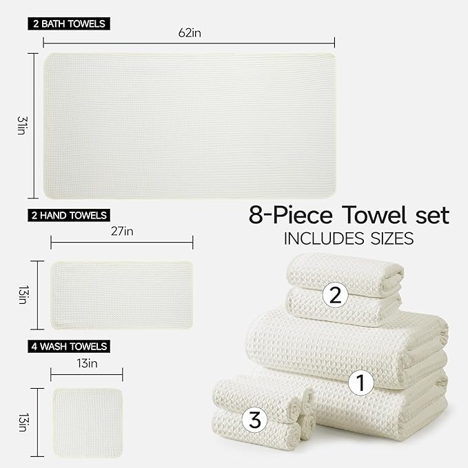 REDKISS 8 Pack Microfiber Waffle Bath Towels - Beige Waffle Towels for Bathroom, Extra Large, Highly Absorbent, Quick Dry Bath Towel Set, Lint Free Bathroom Towel for Gym, Shower, Hotel and Spa