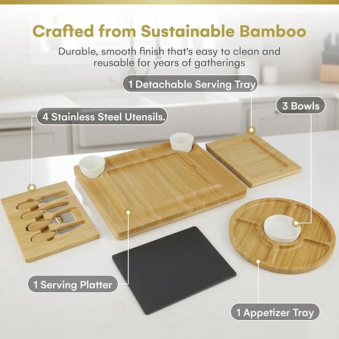 Charcuterie Board Gift Set, Expandable Bamboo Cheese Board with Stainless Steel Serving Utensils, Ceramic Bowls, Appetizer and Serving Trays, Utensil Trays - Housewarming 2 Drawers