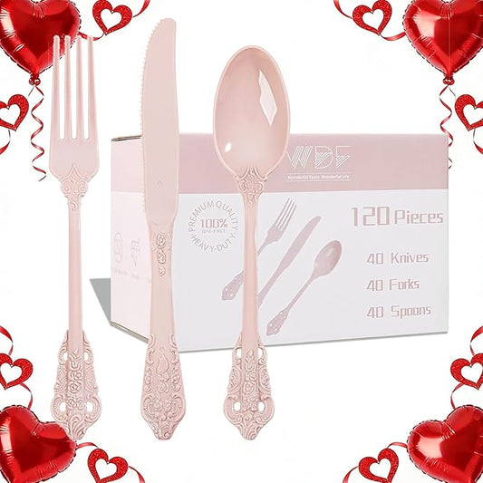 WDF 120 Pieces Heavy Duty Pink Plastic Silverware - Pink Plastic Cutlery Set - Disposable Utensils - Disposable Flatware Includes 40 Forks, 40 Spoons, 40 Knives for Party, Wedding, Valentine's Day
