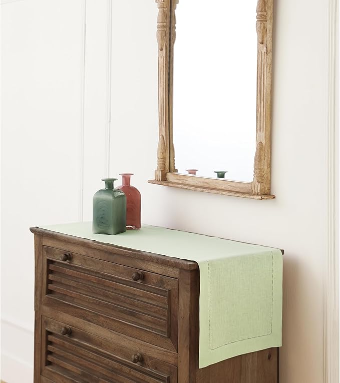 Solino Home Linen Table Runner 60 Inches - 100% Pure Linen Sage Green Hemstitch Table Runner 14 x 60 Inch Ideal for Dresser and Coffee Tables - New Year - Classic Hemstitch