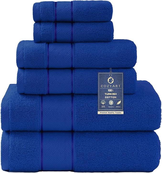COZYART Royal Blue Bath Towels Set 6 Piece, 2 Bath Towels 2 Hand Towels 2 Washcloths, Luxury 100% Turkish Cotton 650GSM Hotel Quality, Soft, Absorbent, Towel Sets for Bathroom