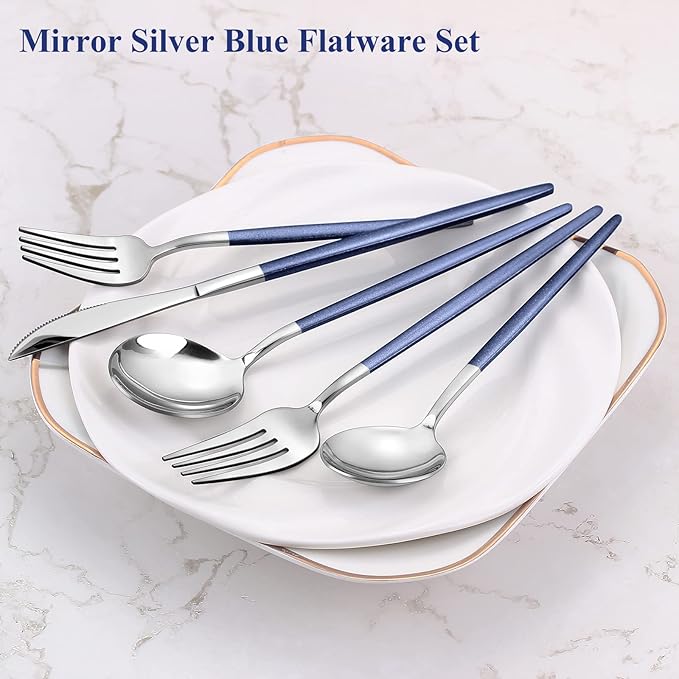 Mirror Silver Blue Silverware Set, 20-Piece Stainless Steel Flatware Set, Satin Finish tableware Cutlery Set, Service for 4, Home and Restaurant, Dishwasher Safe