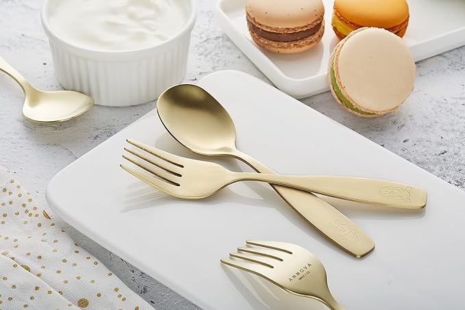 ANNOVA Kids Silverware Children's Safe Flatware Set Stainless Steel - Children Forks, Children Tablespoons, Toddler Utensils, Metal Cutlery Set for LunchBox (Gold, 6)