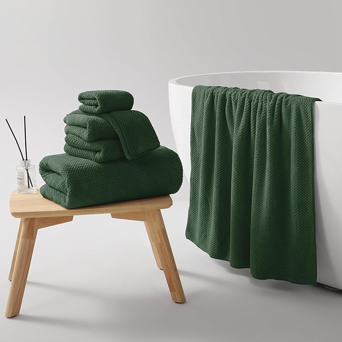 REDKISS 6-Piece Bath Towel Set - 2 Washcloths, 2 Hand Towels, 2 Bath Towels | Ultra-Fiber Coral Fleece, Super Absorbent, No Lint & No Fading | Perfect for Bathroom, Spa, Gym | Family -Olive Green