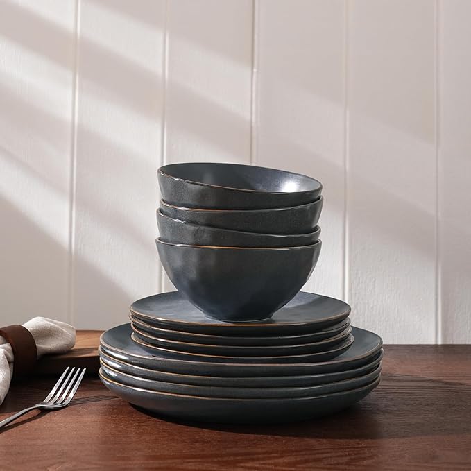 Famiware Dinnerware Sets for 4, Ocean Round 12-Piece Kitchen Plates and Bowls Sets, Microwave and Dishwasher Safe, Scratch Resistant, Matte Black