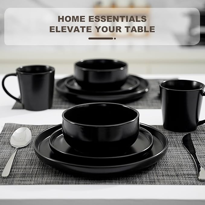 EWFEN 32-Piece Ceramic Dinnerware Sets with Mugs for 8, Black Plates and Bowls Set with Classic Design, Scratch Resistant Dishes Set, Dishwasher & Microwave Safe
