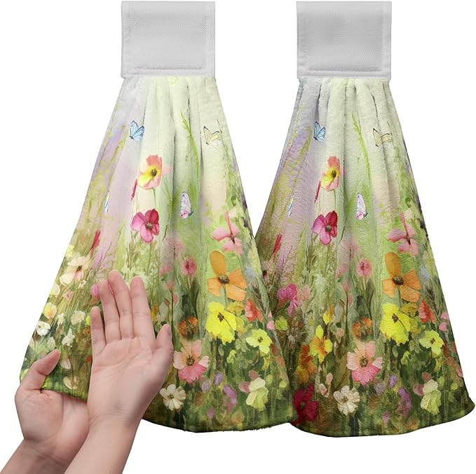 Spring Flowers Hanging Kitchen Towel with Loop 2 Pcs Wild Floral Hand Tie Towel for Bathroom Summer Green Haning Dish Towels Soft Absorbent for Kitchen Bathroom Home Decor Aceesories