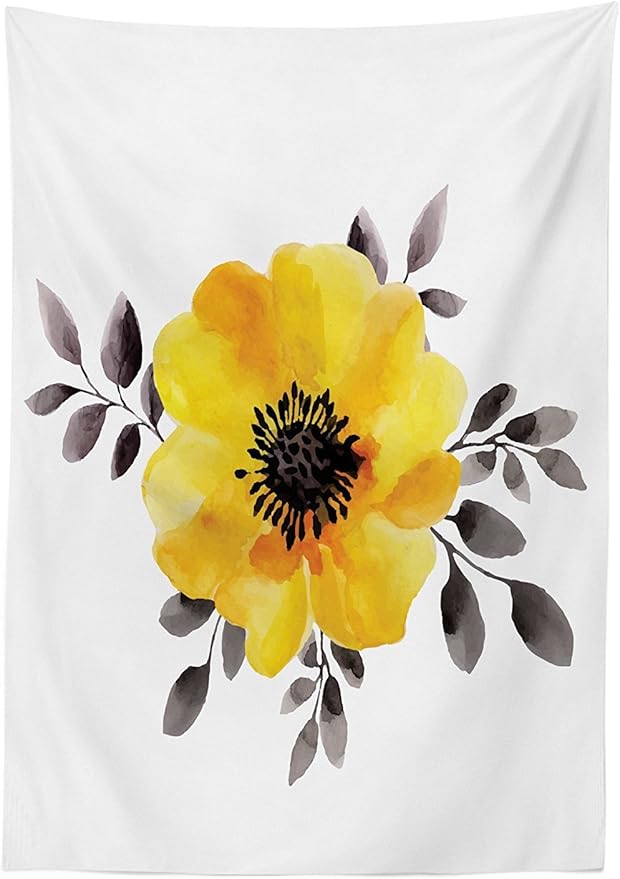 Ambesonne Flower Tablecloth, Watercolored Image of Single Flower and Leaves Abstract Design Modern Artwork, Dining Room Kitchen Rectangular Table Cover, 52" X 70", Yellow Grey
