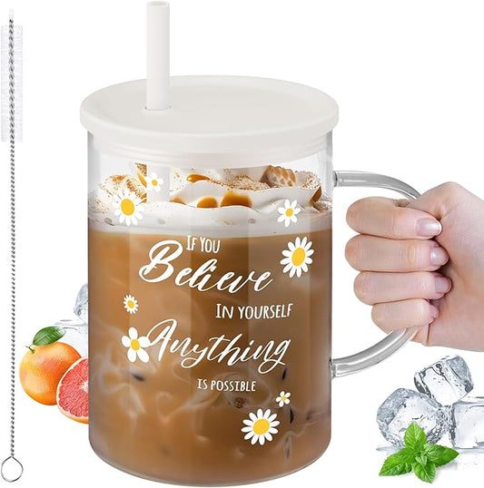 NiHome 33oz Large Clear Glass Cup with Handle, Silicone Lid & Straw, Wide Mouth Glass Coffee Mug for Hot and Cold Drinks, Glass Tumbler Set with Decorative Daisy Pattern for Coffee/Beer/Milk/Tea/Water