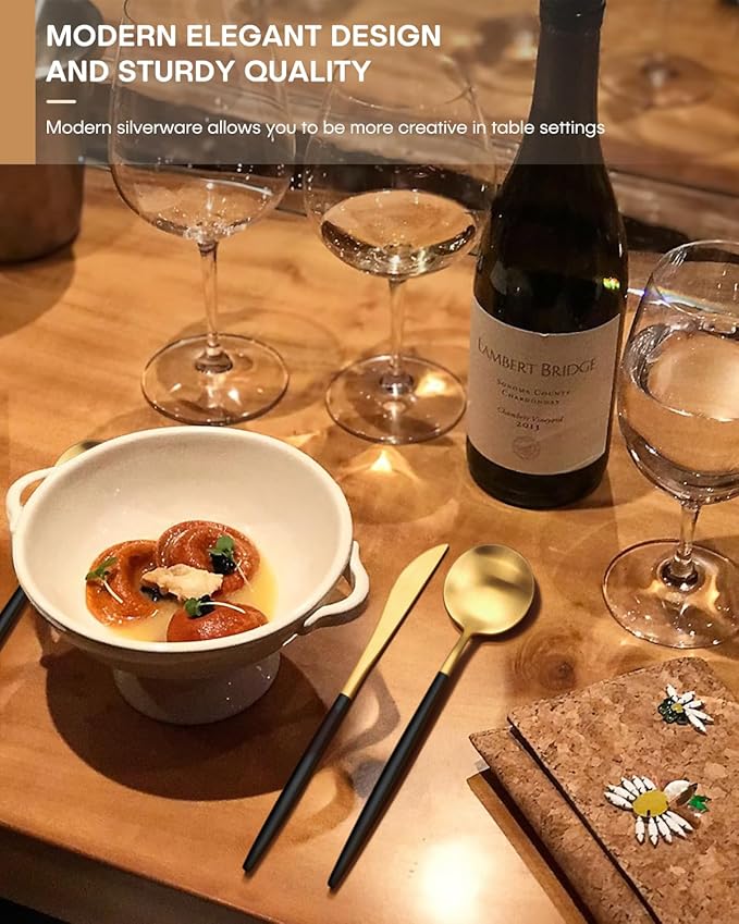 Black and Gold Silverware Set,Ollex 40 Pieces Matte Flatware Set,Colorful Handle Modern Cutlery Set with Dinner Knives Forks Spoons stainless steel Utensil set,Satin Finish&Dishwasher Safe