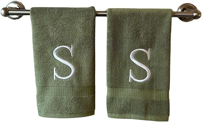 Sage Initial Hand Towel for Bathroom - Monogrammed Luxury Hotel Quality Decorative Embroidered Towel for Powder Room, Spa - GOTS Organic Certified - Set of 2 Letter S