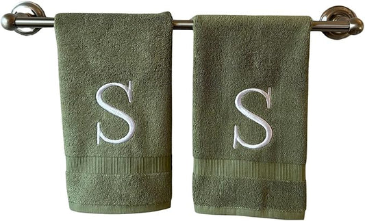 Sage Initial Hand Towel for Bathroom - Monogrammed Luxury Hotel Quality Decorative Embroidered Towel for Powder Room, Spa - GOTS Organic Certified - Set of 2 Letter S