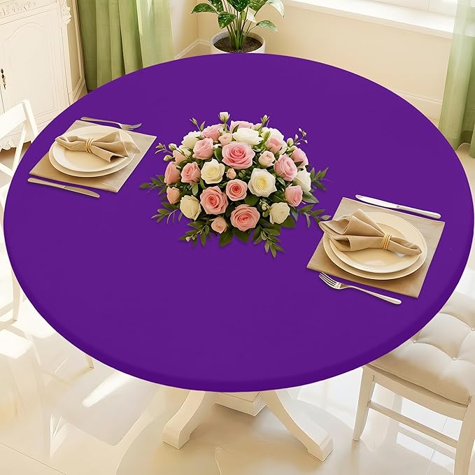 Round Spandex Tablecloth, Elastic Fitted Waterproof Tablecloths for 36"-44" Tables, Stretch Washable Picnic Table Cover for Camping, Dining, Indoor and Outdoor, Purple