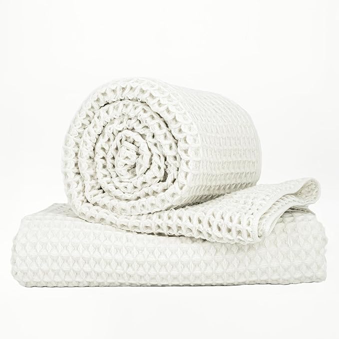 Luxury Organic Japanese Cotton Waffle Bath Towel | Thick, Absorbent, Quick Dry Bathroom Towels for Shower, Sauna, Onsen| Hotel & Spa Quality, Gift-Ready (Shell White, Bath Towel (Set of 2))