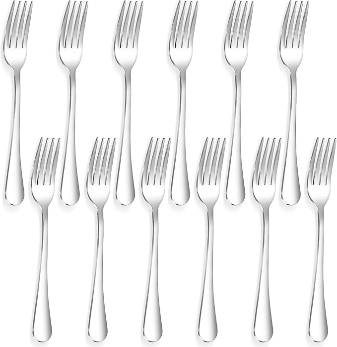 12 Piece Dinner Forks, 8 Inch, Top Food Grade Extra-Fine Stainless Steel Silverware Forks，Silverware Set, Dishwasher Safe （Silver)