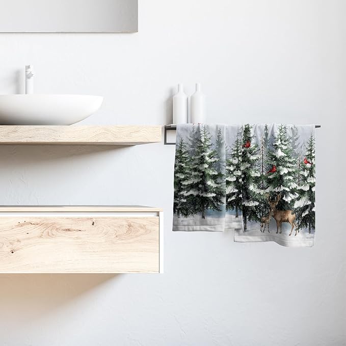 Imiss Winter Pine Tree Hand Towels for Bathroom 2 Packs Deer Forest Woodland Snowflake Bath Towels Xmas Bird Kitchen Tea Dish Towels for Seasonal Holiday Hotel Decor
