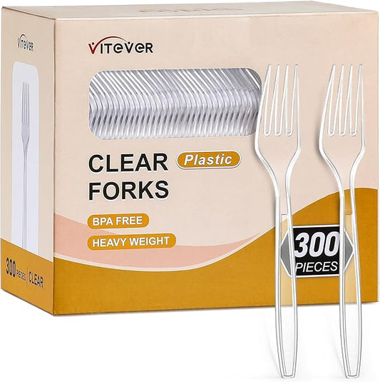 [300 Count] Clear Heavy Duty Plastic Forks, Disposable Plastic Forks, Fancy Plastic Cutlery, Elegant Disposable Forks, Plastic Utensils Set, Clear Forks Set