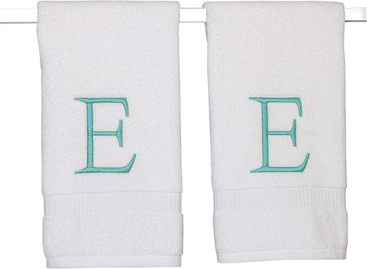 White Monogram Hand Towel for Bathroom - Monogrammed Initial Hotel Quality Decorative Embroidered Luxury Towel for Powder Room, Spa - GOTS Organic Certified - Set of 2 Teal Letter E