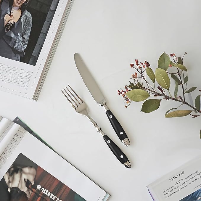 Silverware Set For 12 with Two Rivets, Vintage 60-Piece Everyday Flatware Set with Black Bakelite Handle, Stainless Steel Cutlery Set, Dishwasher Safe, Knives Spoons and Forks Set