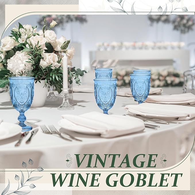 24 Pcs Plastic Goblets 7.5oz Vintage Goblet Plastic Wine Glasses Colored Retro Embossed Water Goblets for Wine Bar Juice Baby Shower Wedding Reception Grand Event Party (Royal Blue)