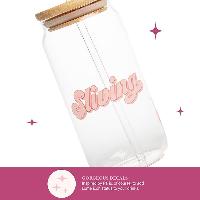 Paris Hilton Glass Tumblers Set with Iconic Decals, Includes Bamboo Lids, Reusable Glass Straws and Cleaning Brushes, Perfect for Iced Coffee, Water, and Cocktails, 2-Piece Set, 17-Ounce