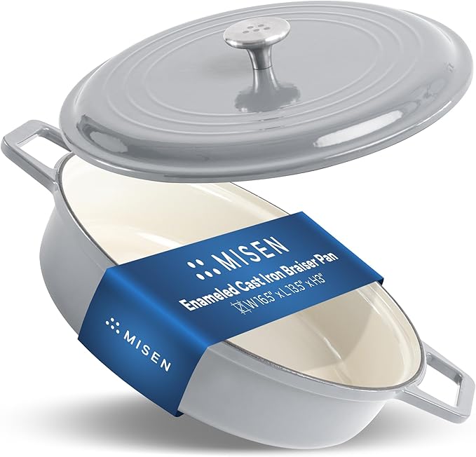 Misen 5.5 QT Braiser – Enameled Cast Iron Pan for Searing, Braising & Slow Cooking – No-Chip Enamel Coating – Extra-Wide Handles – Superior Heat Retention & Even Cooking - Gray