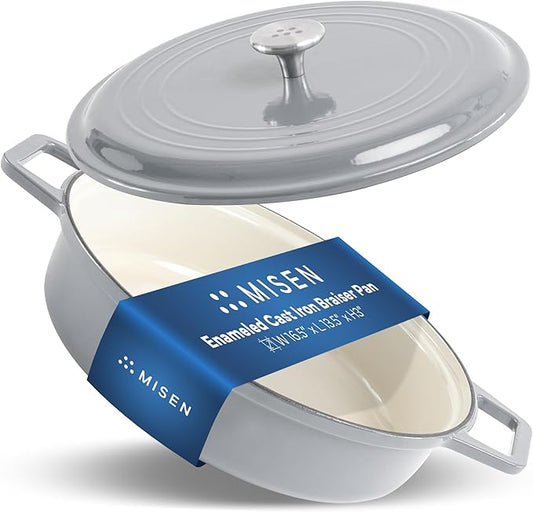 Misen 5.5 QT Braiser – Enameled Cast Iron Pan for Searing, Braising & Slow Cooking – No-Chip Enamel Coating – Extra-Wide Handles – Superior Heat Retention & Even Cooking - Gray