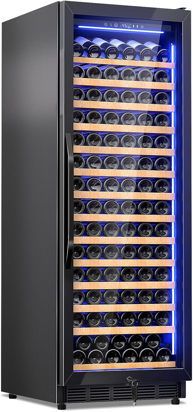 Wine Cooler-Wine Fridge with Safety Lock Freestanding/Built in 24 Inch Wide Large Wine Refrigerator for 154 Bottles,Cellar Chiller Low Noise, Fast Cooling, Black
