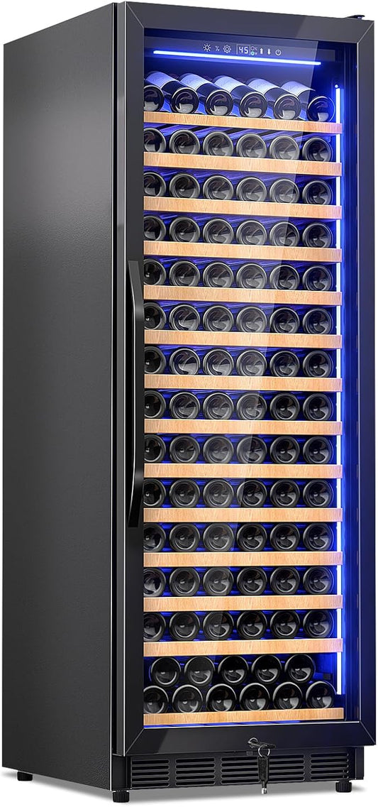 Wine Cooler-Wine Fridge with Safety Lock Freestanding/Built in 24 Inch Wide Large Wine Refrigerator for 154 Bottles,Cellar Chiller Low Noise, Fast Cooling, Black