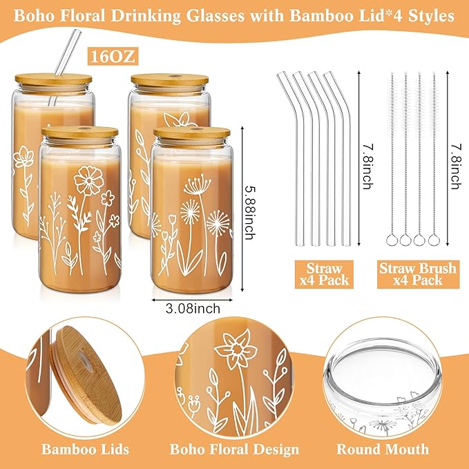 Mumufy Gift for Women Cute Glass Cup Tumbler Flower Iced Coffee Mugs 16 oz Glass with Bamboo Lid & Straw, Mothers Day Birthday Gift for Mom Sister Bridesmaid Baby Shower(4 Pack,Boho Floral)