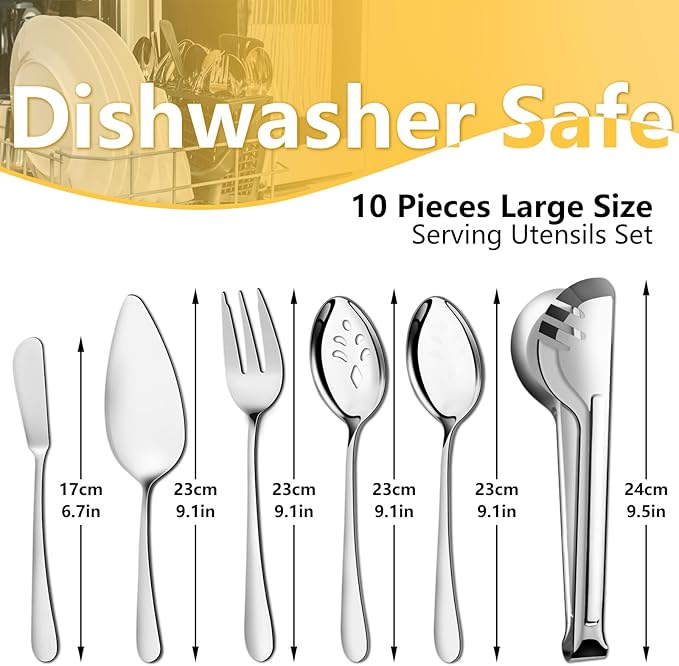 Pleafind 10 PCS Stainless Steel Serving Utensils Set with Spoons, Slotted Spoons, Forks, Tongs, Pie Server and Butter Knife for Parties, Buffet, Banquet