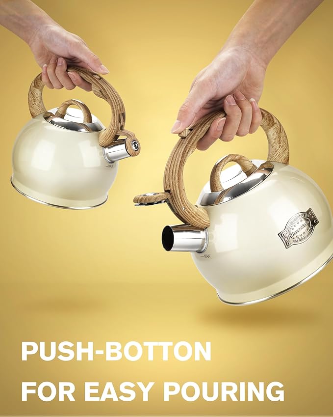 Teapot for Stovetop, 2.1 Quart Stove Top Whistling Tea Kettle, Teapot Kettles with Food Grade Stainless Steel and Wood Pattern Folding Handle, Suitable for All Heat Sources