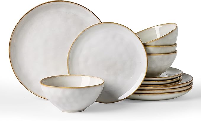 Famiware Dinnerware Sets for 4, Ocean Round 12-Piece Kitchen Plates and Bowls Sets, Reactive Glaze, Microwave and Dishwasher Safe, Scratch Resistant, Cappuccino White
