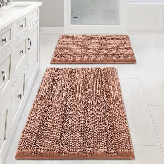 H.VERSAILTEX Bathroom Rug Set, 2 Piece Non Slip Thick Soft Chenille Striped Bath Mats, Muted Clay, 20" x 32"/17" x 24"