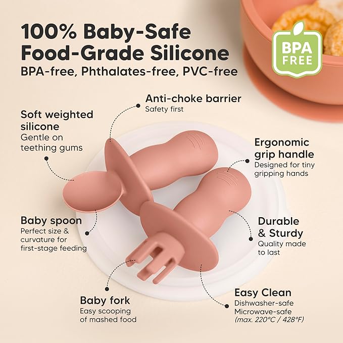 KeaBabies 4-Pack Silicone Baby Spoons and Forks Set - Baby Led Weaning Utensils 6-12 Months, Self Feeding Toddler Spoon & Fork for Training, Teething, Easy to Hold, BPA-Free Silicone (Roseate)