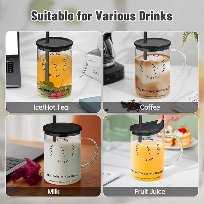 NiHome 33oz Glass Handle Cup with Silicone Lid and Straw for Daily Hydration, Large Capacity for Hot Tea, Iced Coffee, Smoothies, Ergonomic Design with Modern Minimalist Clock Pattern, Dishwasher Safe