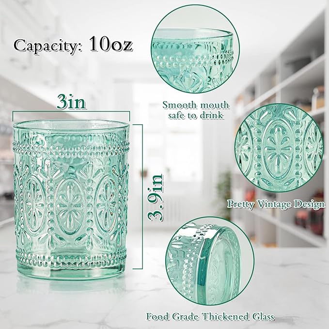 6 Pack Green Vintage Glassware Set, 10oz Textured Embossed Drinking Glasses, Colored Water Glasses, Green Glass Cups for Juice, Cocktails, Beer, Iced Tea, Soda