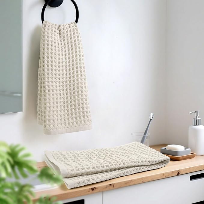 Jacquotha Waffle Hand Towels 2-Piece (Mist White) – Cotton, Quick Dry, Lint Free, 13” x 29”