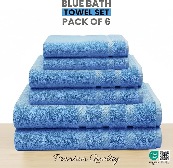 Sky Blue Towel Set, Pack of 6 – 100% Ringspun Cotton, Soft, Quick-Dry & Highly Absorbent | 2 Bath Towels, 2 Hand Towels & 2 Face Towels for Bathroom & Guest Use