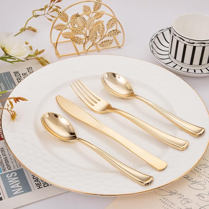 Liacere 200Pcs Gold Plastic Silverware-Gold Plastic Cutlery - Disposable Silverware include 100 Forks 50 Spoons 50 Knives Perfect for Parties & Weddings & Restaurants &Christmas & New Year