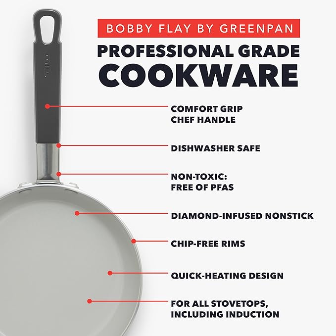 GreenPan x Bobby Flay 12" Nonstick Frying Pan Skillet, PFAS-Free Diamond Ceramic, Induction Suitable, Stay-Cool Silicone Handle, Easy Clean Dishwasher & Oven Safe, Egg & Omelet Pan, Graphite