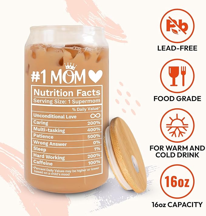 HEXMOZ Gifts for Mom from Daughter, Son, Kids - First Christmas Moms Gift for New Moms, Wife, Mama from Husband - Christmas Mom Gifts for Wife, Her - 16oz Glass Drinking Cup with Straw Gift Box