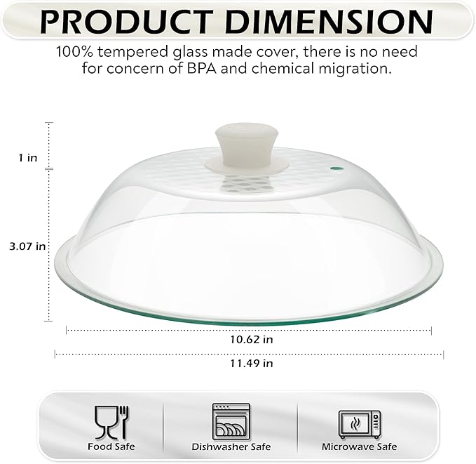 OEC Lighter Weight Tempered Glass Microwave Splatter Cover - 11.5 inch - Heat-Resistant & Impact-Resistant, Reinforced Glass Lid with Vent, Silicone Knob, Dishwasher Safe, 100% Food Grade - BPA Free