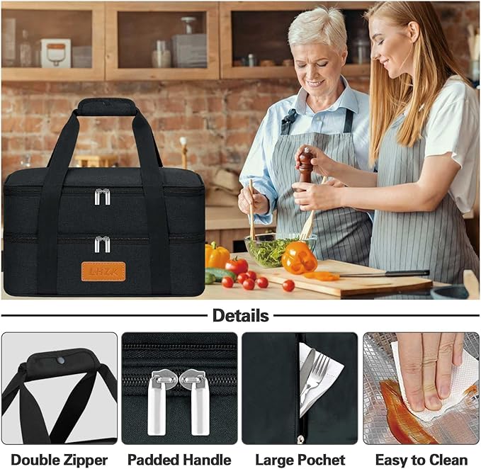 LHZK Double Insulated Casserole Carrier, Expandable Casserole Carriers for Hot or Cold Food, Insulated Food Carrier for Travel, Parties, Picnic, Fits 11 x 15 or 9 x 13 Baking Dish(Black)