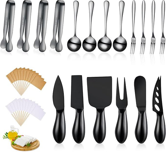Patelai Charcuterie Board Accessories Cheese Spreader Knife Set Charcuterie Utensils Butter Knife Stainless Steel Mini Serving Tongs Spoons Appetizer Forks for Pastry Christmas(Black,18 Pieces)