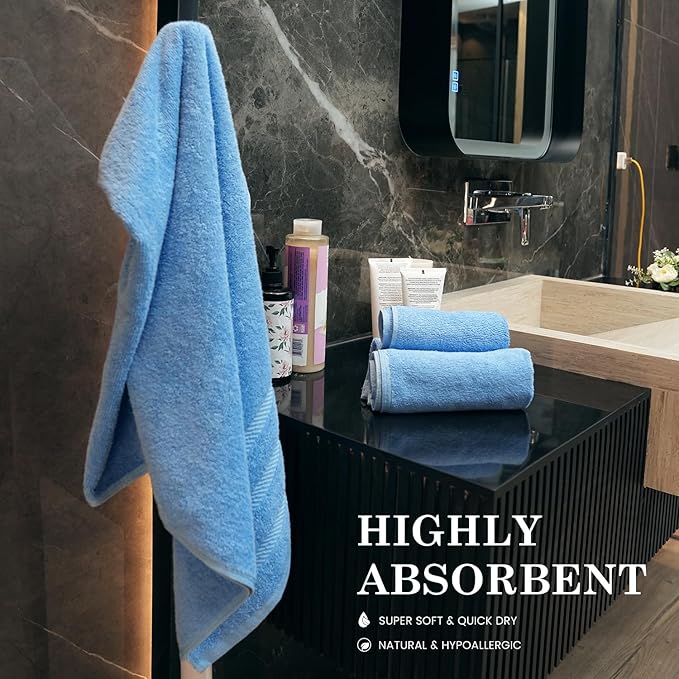 Sky Blue Towel Set, Pack of 6 – 100% Ringspun Cotton, Soft, Quick-Dry & Highly Absorbent | 2 Bath Towels, 2 Hand Towels & 2 Face Towels for Bathroom & Guest Use