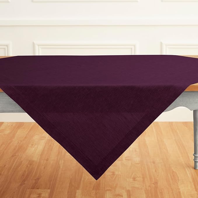 Solino Home Linen Tablecloth 52 x 52 Inch - 100% Pure Linen Square Table Throw - Athena, Machine Washable Chambray Burgundy Tablecloth for Christmas, Holiday, Winter, New Year